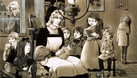 Una "Dame School" de la década de 1830 (gouache sobre papel)