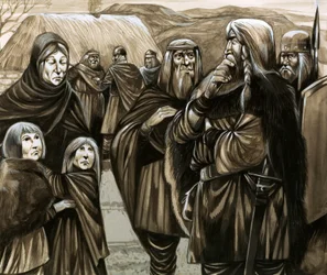 Hijos de familias anglosajonas pobres vendidos como esclavos (gouache sobre papel)