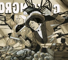 Escena no identificada con mujeres furiosas atacando una tienda de ultramarinos verde