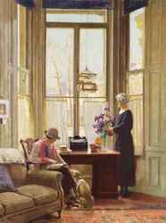 Interior con dos señoras y un perro