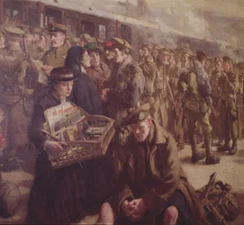 Regreso al frente: Victoria Railway Station 1917 (óleo sobre lienzo) (detalle de 237394)