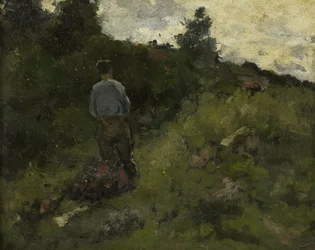 Un agricultor caminando por la linde de un bosque