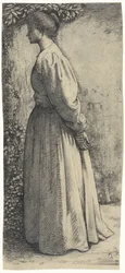 Mujer de pie, de lado