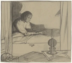 Mujer Hogerhuis, sentada en la cama (segundo borrador)