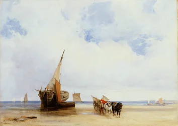 Embarcaciones varadas y un carro cerca de Trouville, c.1825