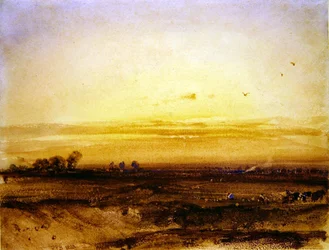 Paisaje con cosechadores al atardecer
