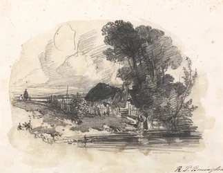 Árboles y una cabaña junto a un río