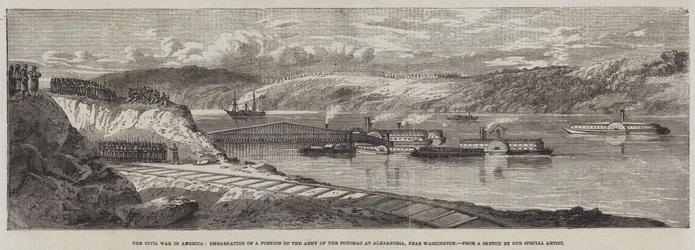 La Guerra Civil en América, embarque de una parte del Ejército del Potomac en Alexandria, cerca de Washington