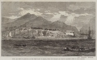 Ciudad y Fuerte de Acapulco, en la costa oeste de México, con el escuadrón inglés y francés en el puerto