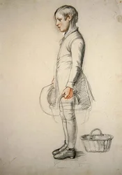 Un niño de pie, sosteniendo una canasta, un estudio para 