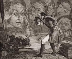 Los viajes de Gulliver de Jonathan Swift. Gulliver exhibido en una mesa para la admiración de los habitantes de Brobdingnag. Grabado de Redgrave.