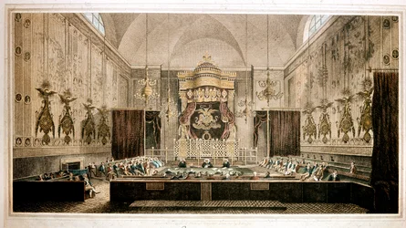 Vista de la Cámara de los Lores, cámara alta del Parlamento de Gran Bretaña. Grabado por Rothwell. Siglo XIX Parker Gallery, Londres