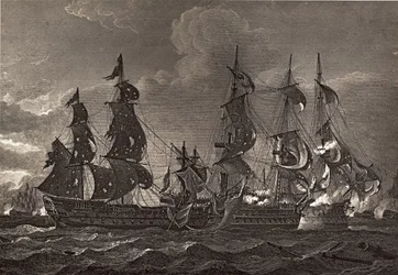 El HMS Captain abordando el San Nicholas y el San Josef, ilustración de 