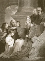 El príncipe Alfredo ante el Papa León III, grabado por J. Stow, ilustración de 