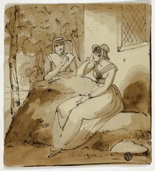 Dos mujeres conversando cerca de una casa