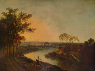 Un río inglés al atardecer, en la distancia las colinas galesas, c1760