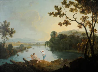 Paisaje clásico con niños bañándose (óleo sobre lienzo)