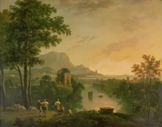 Paisaje costero al atardecer con pastores y pastoras bailando