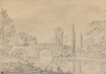Paisaje italiano con puente de tres arcos, casa del puente, figuras en la orilla cercana y álamos en la orilla más lejana