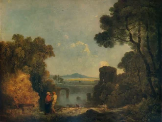 Paisaje fluvial italiano con un puente roto