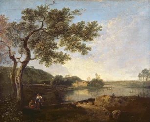 Escena fluvial italiana con figuras
