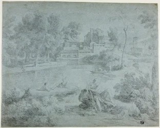 Paisaje italianizante con bañistas
