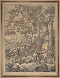 Silvio se acerca a Dorinda a quien ha herido con una flecha..., ca. 1700