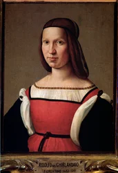 Retrato de una dama de las clases bajas con vestido rojo y mangas abullonadas