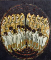 Ángeles sentados con esferas en las manos, hacia 1348-54