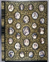 Una portada de libro con veinticinco miniaturas de retratos de mujeres hermosas, después de 