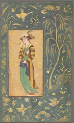 Joven sosteniendo una granada, Ilustración de un manuscrito de una sola página