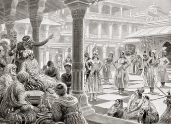 Akbar jugando pachisi o chaupur con piezas vivas en Fatehpur Sikri en 1575, de la Historia de las Naciones de Hutchinson, pub.1915
