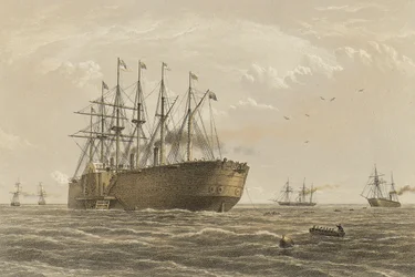 El "Great Eastern" bajo peso el 23 de julio (escolta y otros buques introducidos son el Terrible, el Sphinx, el Hawk y el Caroline).
