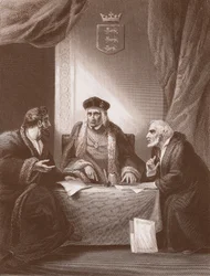 Enrique VII con Empson y Dudley, grabado por A.H. Payne (litografía)