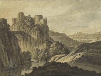 Paisaje fluvial con un castillo en un escarpe, 1780