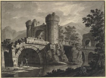 Fantasía arquitectónica de un puente en ruinas en un paisaje