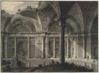 Fantasía arquitectónica de un baño antiguo con techo en ruinas y figuras