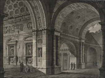 Fantasía arquitectónica del interior de un edificio antiguo con bóvedas parcialmente arruinadas