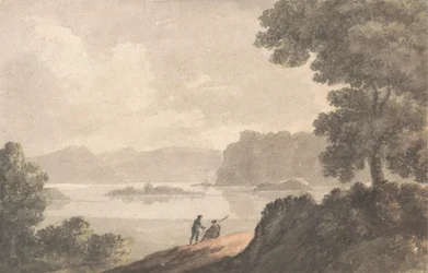 Figuras en un paisaje lacustre romántico