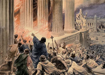 El incendio de la Biblioteca de Alejandría en 391 d. C., ilustración de «Hutchinsons History of the Nations», hacia 1910 (coloreado posterior)