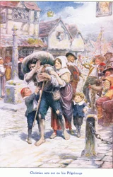 Christian emprende su peregrinaje, extraído de El progreso del peregrino, publicado por John F. Shaw & Co., hacia 1900 (litografía en color).