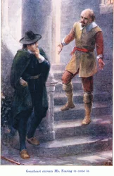 El Gran Corazón suplica al Sr. Fearing que entre, de El progreso del peregrino, publicado por John F. Shaw & Co., hacia 1900 (litografía en color)