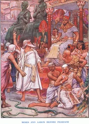Moisés y Aarón ante el Faraón (litografía en color)