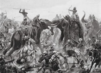 Derrota de Pulikesin II Chalukhya por Mahamalla Pallava en Badami, 642 d.C. (litografía)