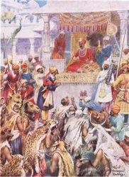 El Khan Jahan muestra a Akbar sus cautivos principescos (litografía en color)