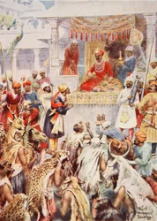 El Khan Jhan muestra a Akbar sus cautivos principescos, ilustración de "Hutchinsons History of the Nations", c.1910 (litografía en color)