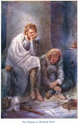 Los peregrinos en el castillo de las dudas, de El progreso del peregrino, publicado por John F. Shaw & Co., hacia 1900 (litografía en color)