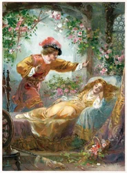 El Príncipe encuentra a la Bella Durmiente, ilustración de "Érase una vez" publicada por Ernest Mister, c.1900 (litografía en color)