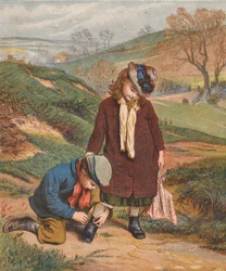 Un amigo en apuros, un niño atando los zapatos de una niña (litografía en color)