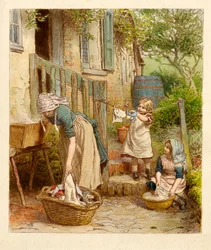 Madre e hijos tendiendo la ropa